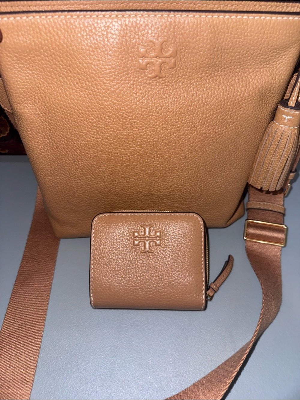 Tory Burch Tan Pebbled Leather Crossbody with Matching Wallet in Warm Biscuit.